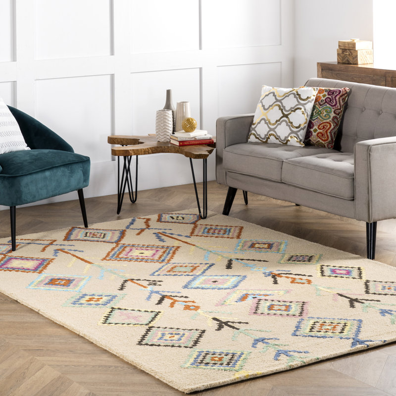 Tapis blanc cassé en laine touffeté à la main Agostini, Rectangle 5 pi x 8 pi