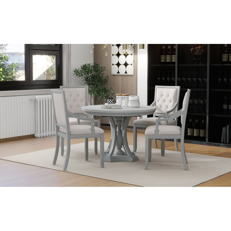 Ensemble de salle à manger extensible 5 pièces Trexm Retro Table ronde et 4 chaises pour la salle à manger de cuisine (chêne gris antique)