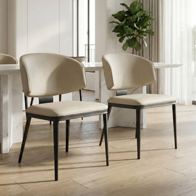 Set of 2 Modern Dining Chairs, Warm Grey PU Leather Upholstered Armless Chairs with Metal Legs