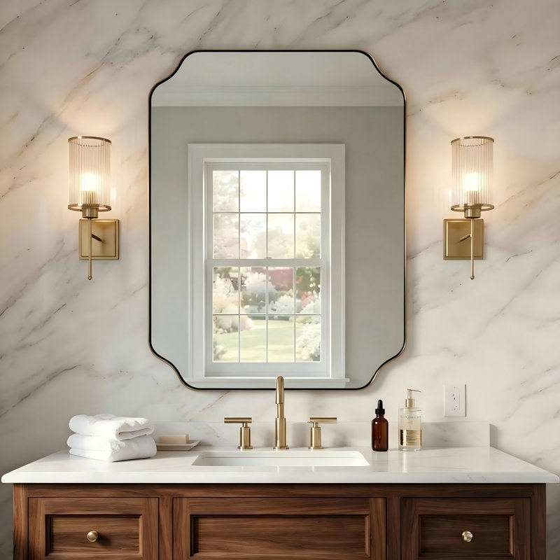 Rectangular Bathroom Vanity Mirror with Scalloped Corners – Stainless Steel Frame, Brushed Gold, 40" x 30"
