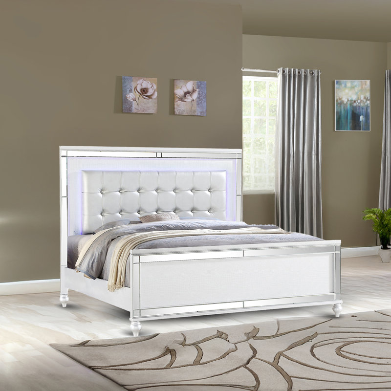 Denard Upholstered Standard Bedroom Set, White, 4 Pcs: Bed, Nightstand, Dresser, Mirror, Queen