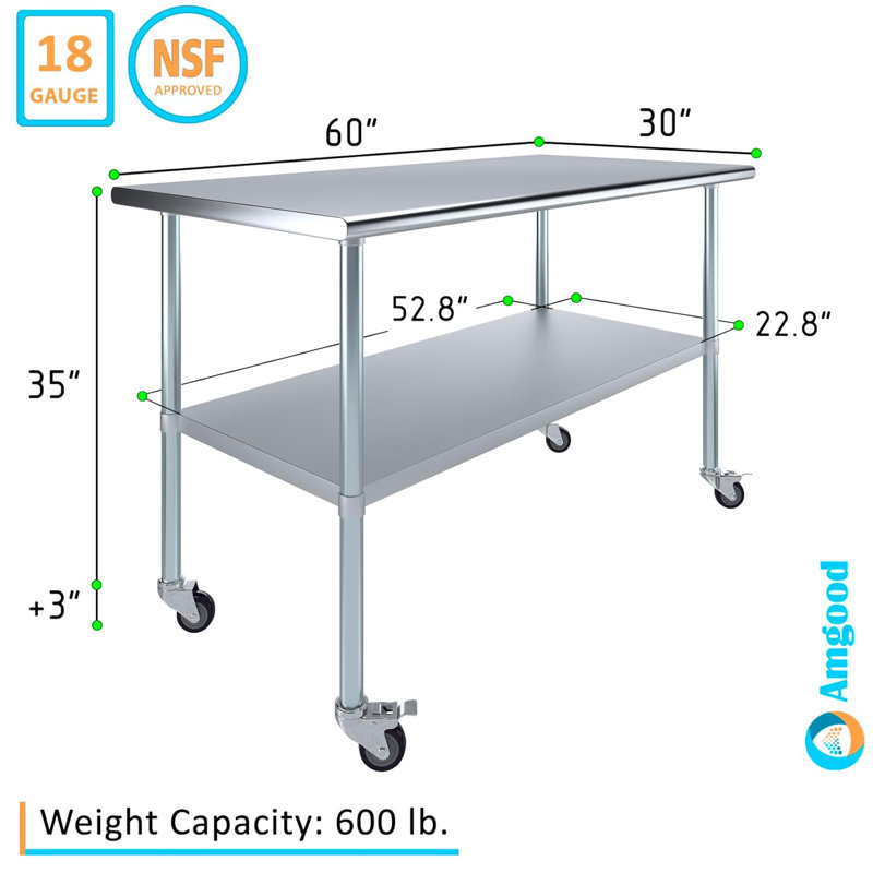 Table en acier inoxydable avec roulettes, H 38 po x L 60 po x l 30 po