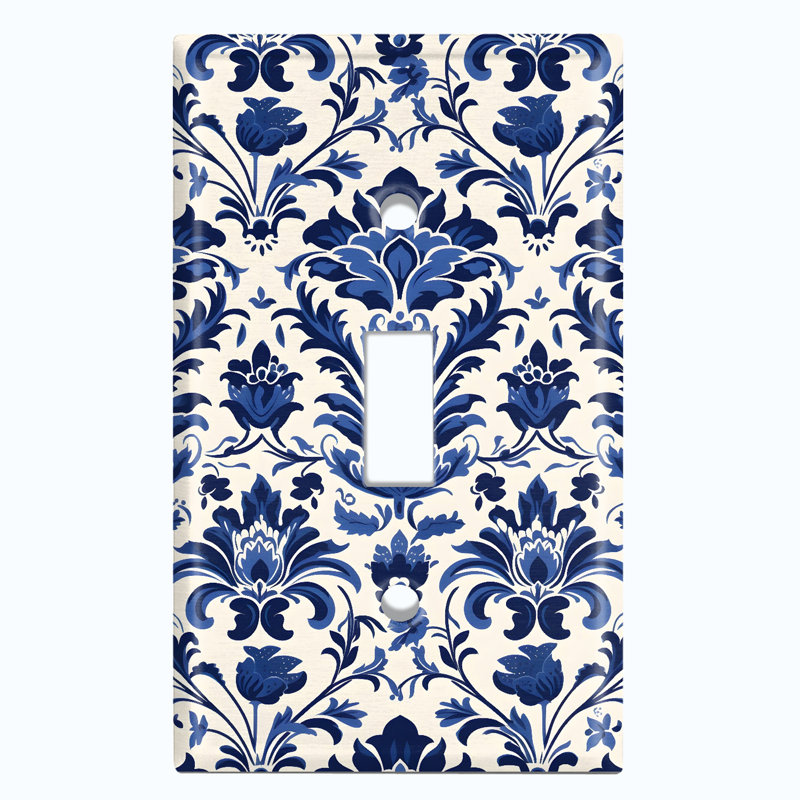 Metal Light Switch Plate Outlet Cover (Elegant Damask Blue Flower White - Single Toggle)
