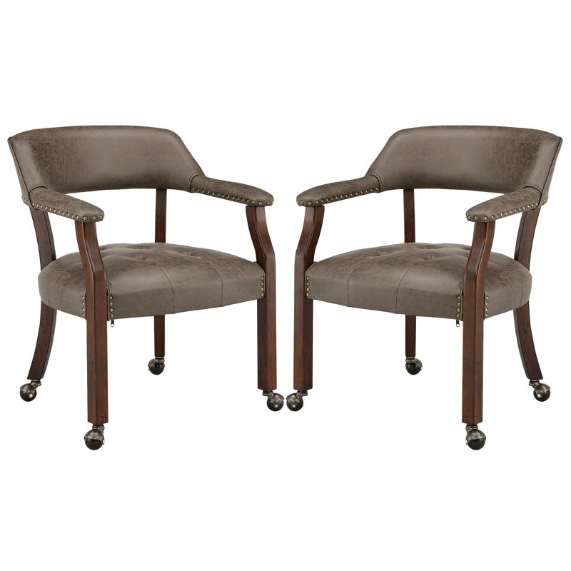 Swivel Tufted Dining Chairs With Casters And Arms, Dark Brown, Espresso Wood
