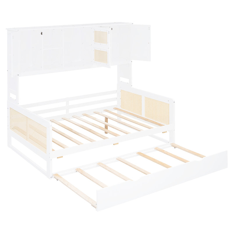 Lit de jour blanc avec lit gigogne simple et tablette d'armoire, conception moderne entièrement fiable, Lit double, Blanc