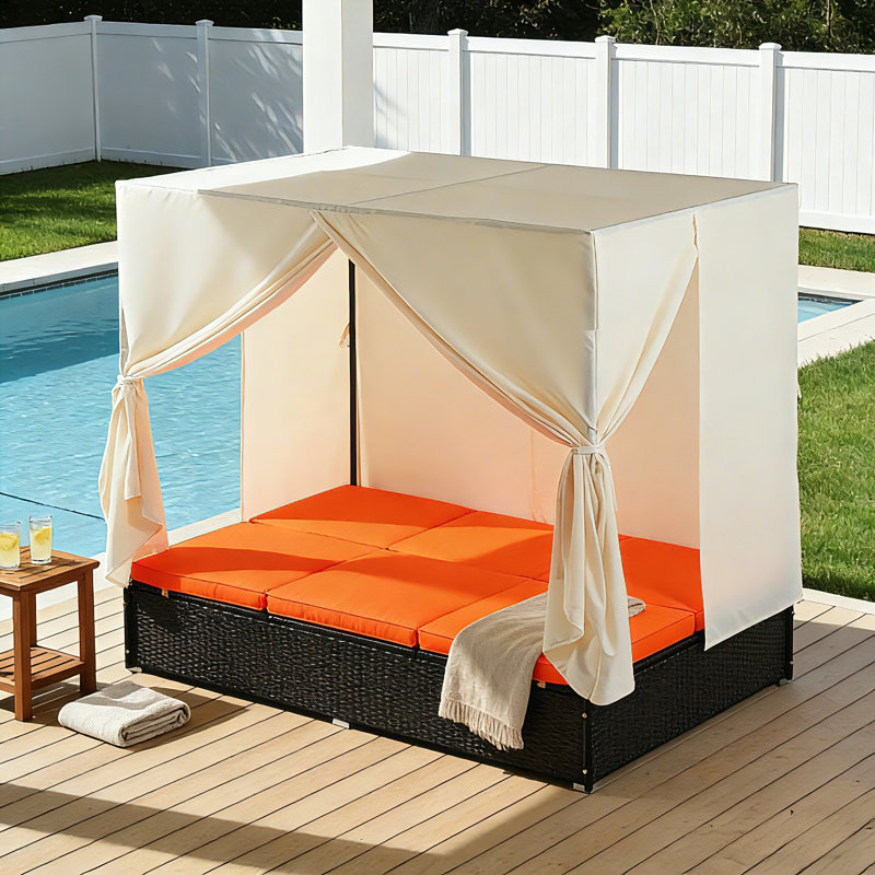 Outdoor Double Chaise Lounge Daybed With Curtains & Adjustable Backrest, Steel Frame Patio Sunbed, Orange