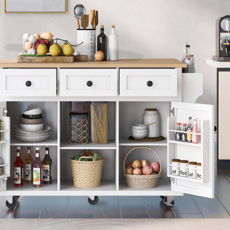 Kitchen Cart with Rubber wood Drop-Leaf Countertop ,Cabinet door internal storage racks,Kitchen Island on 5 Wheels with Storage Cabinet and 3 Drawers for Dinning Room,White