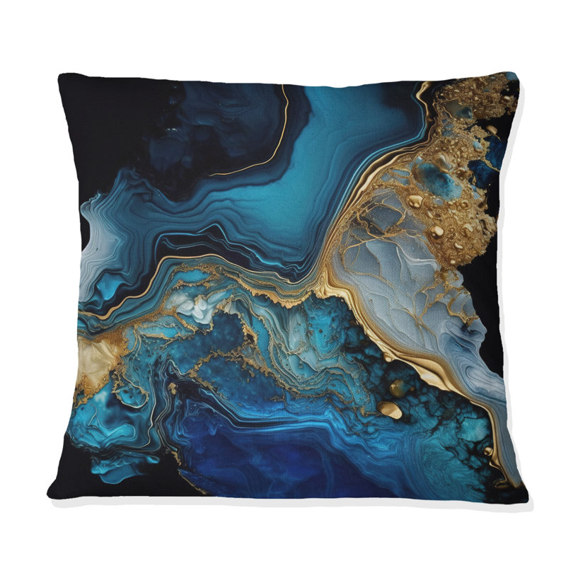 Géode abstraite or et marbre bleu IV - Coussin abstrait en marbre imprimé, H 16 po x l 16 po