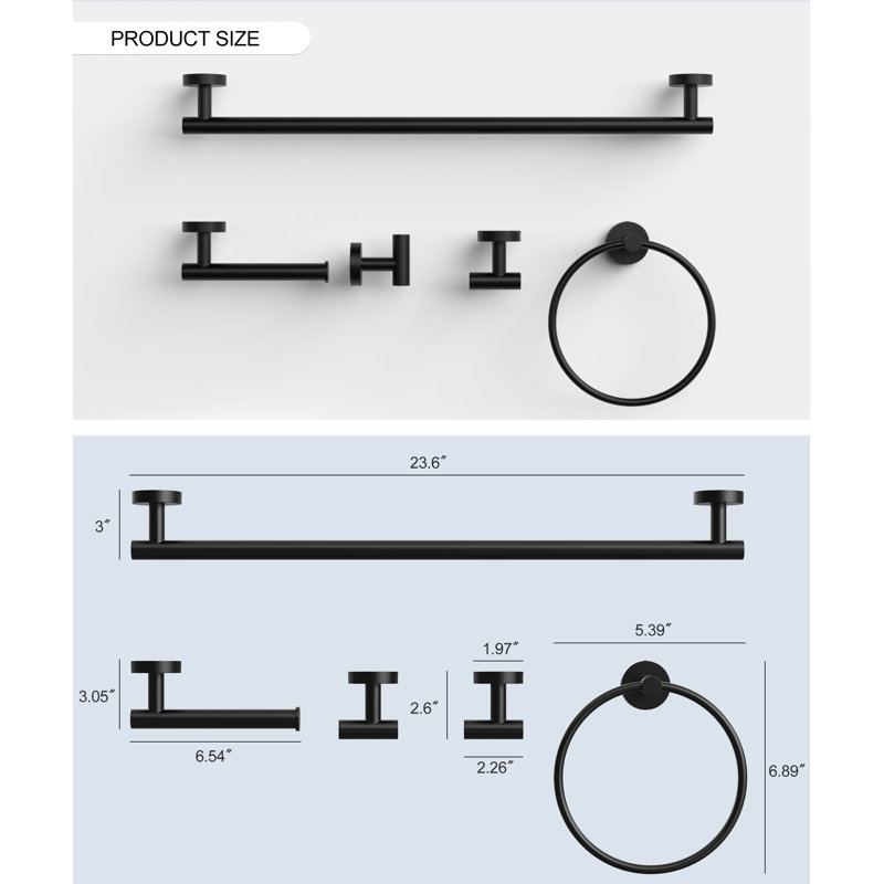 VIBRANTBATH 5-Piece Stainless Steel Bathroom Hardware Set, Sturdy & Easy to Install with Stylish Design, Matte Black