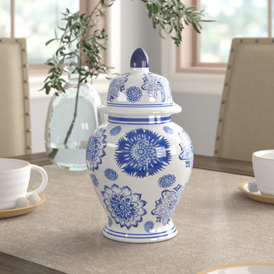 10" Temple Jar - White and Blue Vintage Floral Design - Contemporary Glam Ceramic Temple Jar For Indoor or Outdoor Home or Office Decor