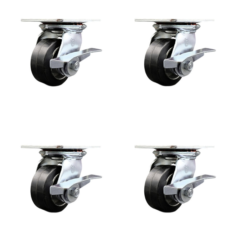 4 Inch Heavy Duty Rubber on Aluminum Caster Set with Roller Bearings and Brakes