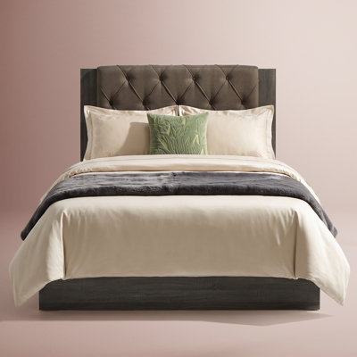 ClickDecor Kenton Panel Queen Size Bed Frame with Diamond Tufted Upholstered Headboard – Contemporary Platform Bed with Wood Veneer Frame, Gray
