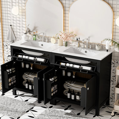 Meuble-lavabo noir de 152 cm avec double lavabo en céramique, tablette réglable, portes à fermeture silencieuse et tiroir rabattable – Un meuble apaisant pour un coin tranquille.