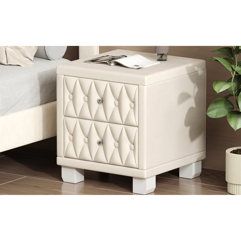 Table de chevet exquise en velours beige avec 2 tiroirs et poignées cloutées en cristal