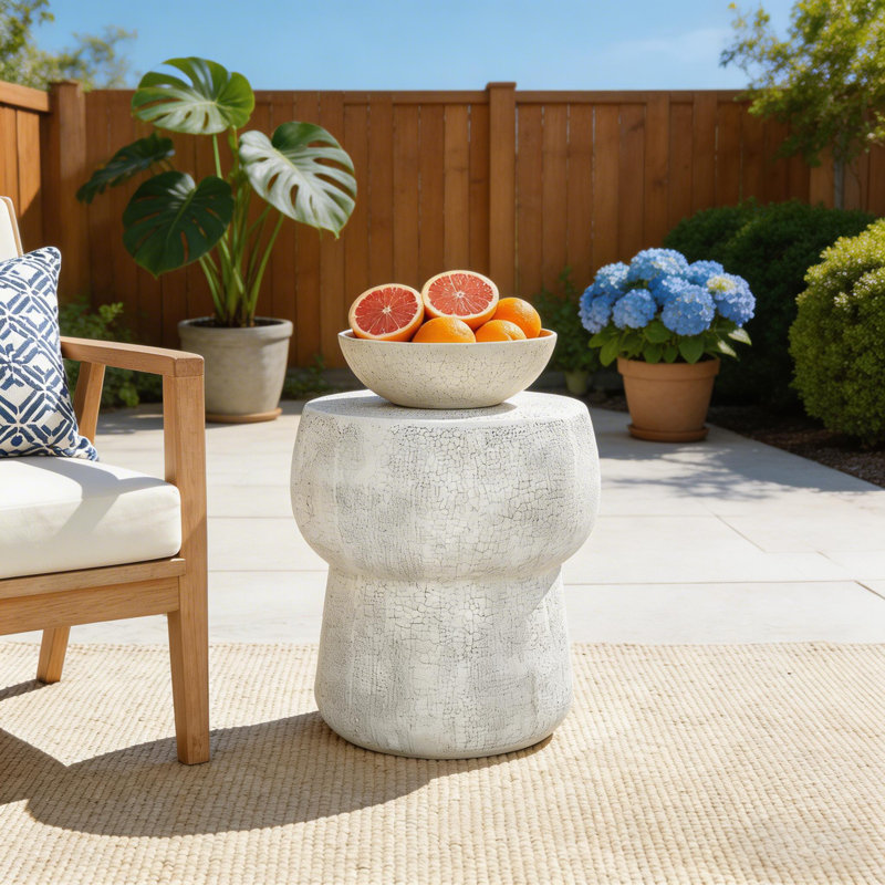 Table d'appoint pour l'extérieur avec finition craquelée, table basse moderne en béton à double forme de baril, tabouret de jardin pour le patio, le jardin et la cour arrière