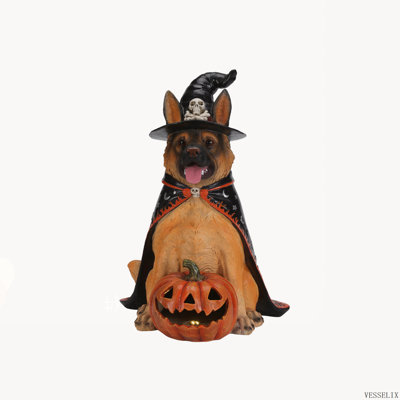 Statue de berger allemand d'Halloween avec chapeau de sorcière et citrouille lumineuse DEL