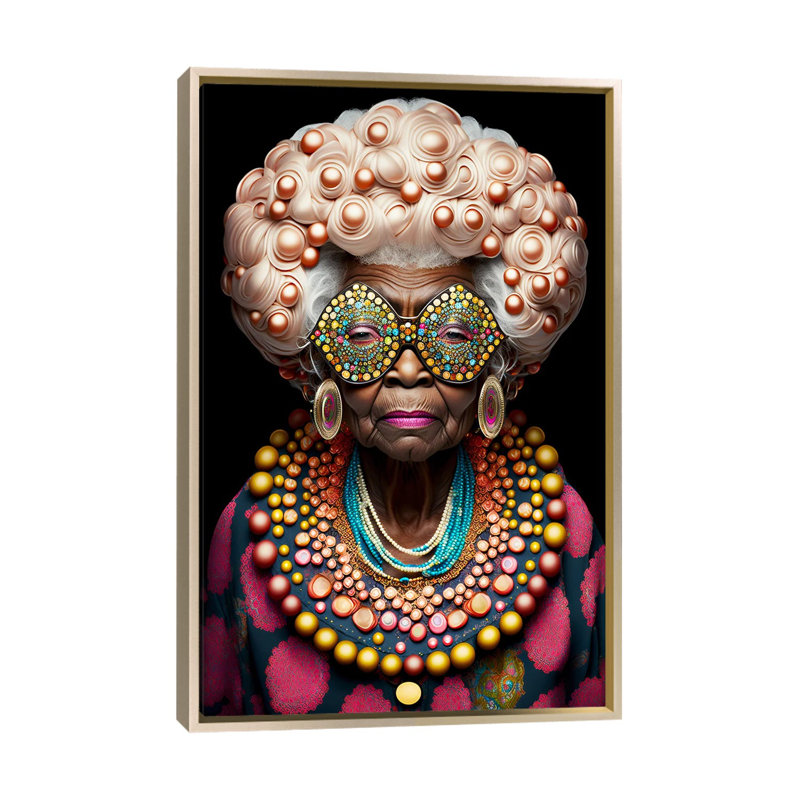 Afrofuturist Grandma I, H 26 po x l 18 po x P 1,5 po, Toile encadrée champagne