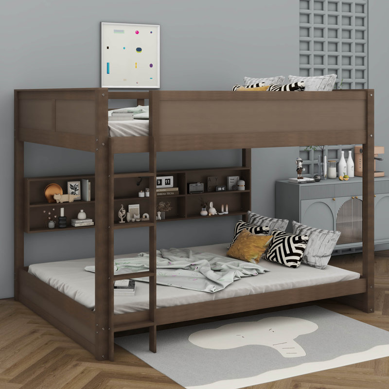 Spacious Queen-Over-Queen Bunk Bed With Storage Cabinets & Handy USB Ports, Antique Wood