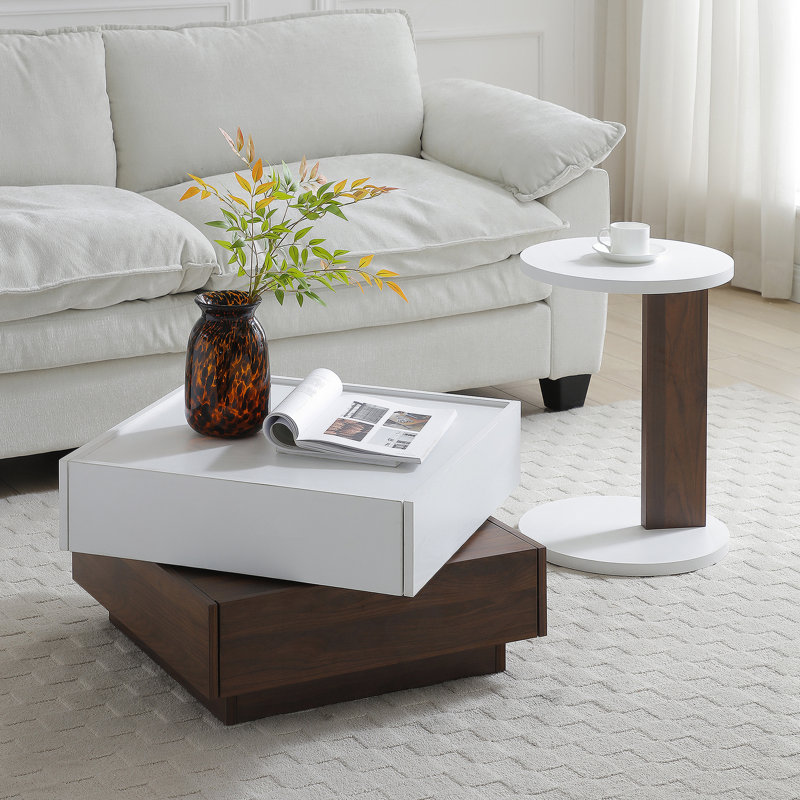 Table basse rotative à 2 tiroirs, table haute en bois à 2 niveaux avec rangement