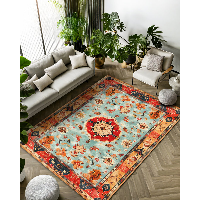 Arathorn Collection Digital Print Cotton-Polyester Blend Rug – Teal & Orange, Rectangle 3'4" x 5'
