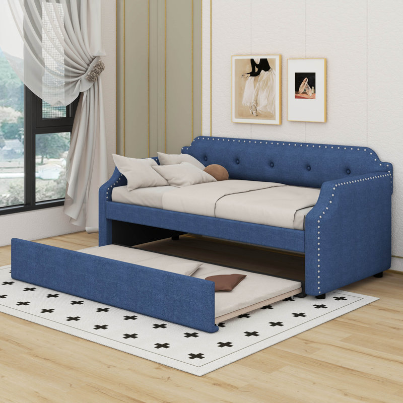 Twin Upholstered Daybed With Trundle, Blue
