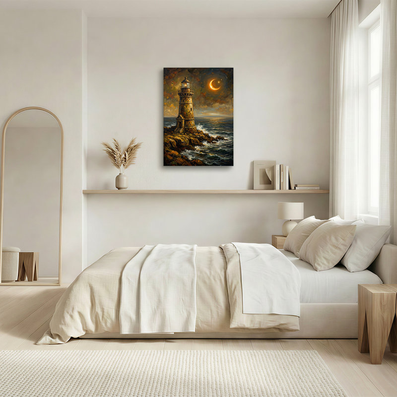 Art sur toile, phare doré sur une côte rocheuse sous le croissant de lune, H 18 po x l 12 po