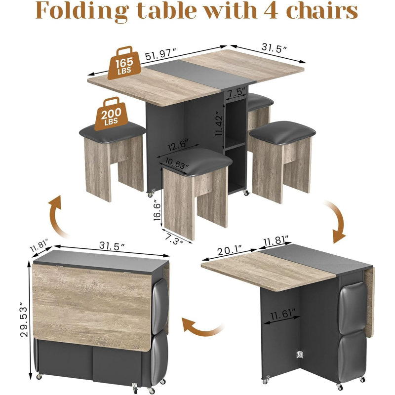 Ensemble de table de salle à manger pliable pour 4 personnes, table de salle à manger à abattants avec 4 chaises rembourrées et 2 tablettes, table de cuisine pliable peu encombrante avec 6 roulettes pour les petits espaces,