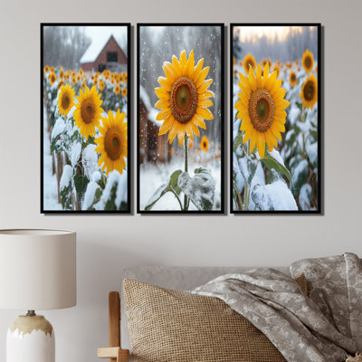 Tournesols champêtres dans une basse-cour enneigée I - Collection d'art mural traditionnel