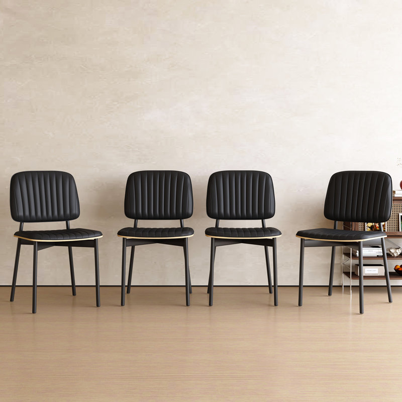 Mid-Century Modern Dining Chairs Set of 4, Upholstered Faux Leather Seat & Back, Wood Accent with Metal Legs, Side Chairs for Kitchen, Dining Room & Living Room, Black
