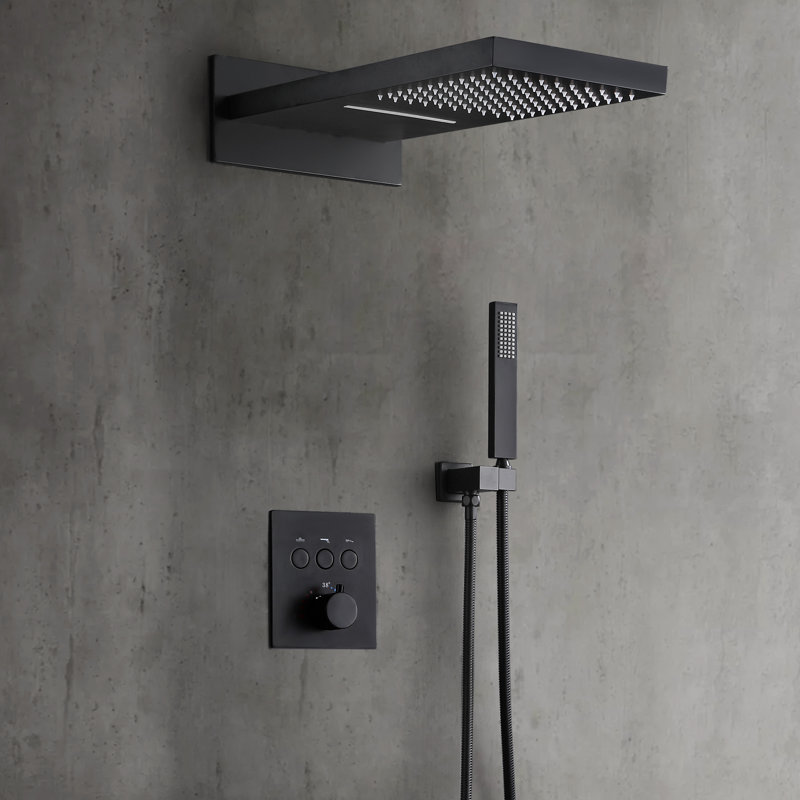 19.68"L*9.44"W 3 Functions Thermostatic Solid Brass Luxury Shower System with Rough-in Valve, Matte Black