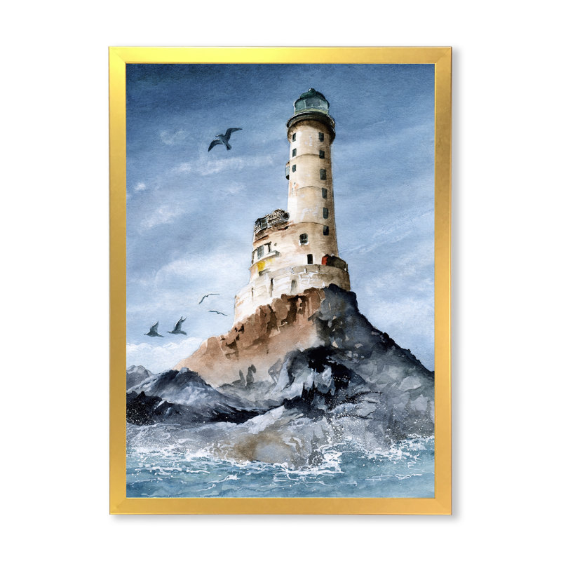 Le phare du cap Aniva sur l'île rocheuse - reproduction sur toile, H 20 po x l 12 po, Toile à cadre d'angle fermé doré