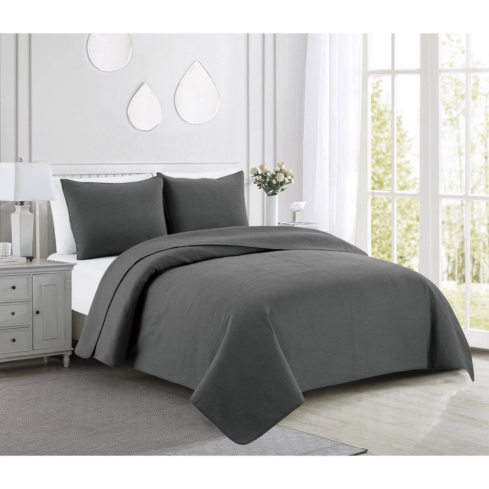Sedna Cotton Quilt Set, King Quilt + 2 King Shams, Charcoal