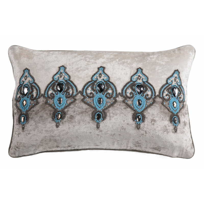  Cotton Velvet Rectangle Cushion 12"x20" with Glass Bead Detailing for Indoor Use