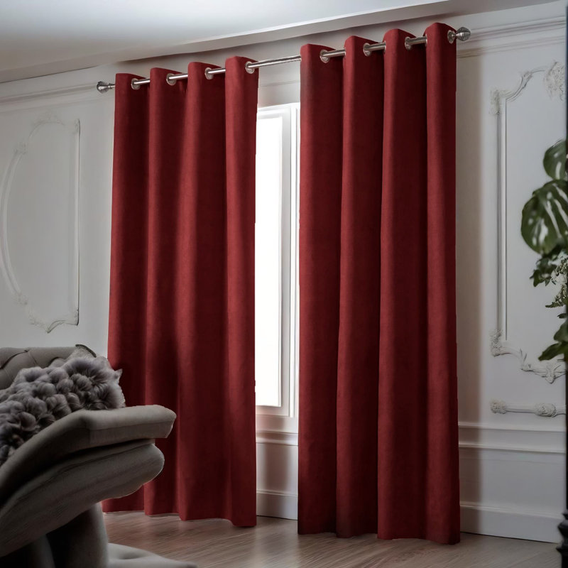 Nalaiyah Velvet Chenille Eyelet Curtains, 142cm Width x 229cm Drop, Red