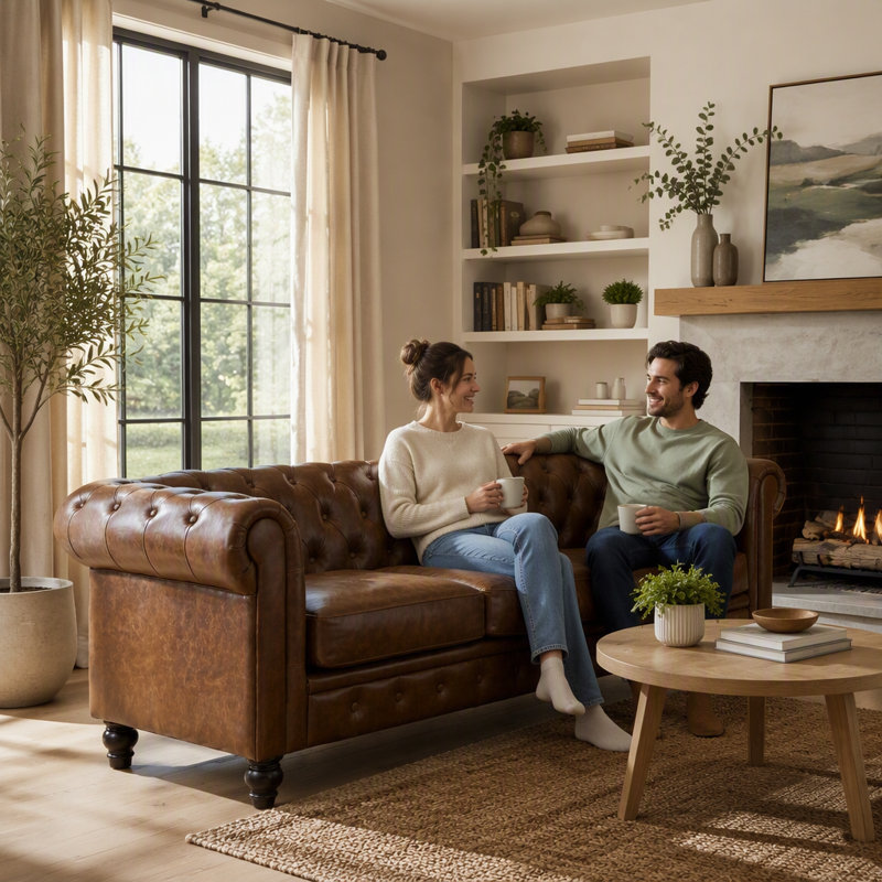 Canapé Chesterfield 3 places en similicuir, Similicuir brun