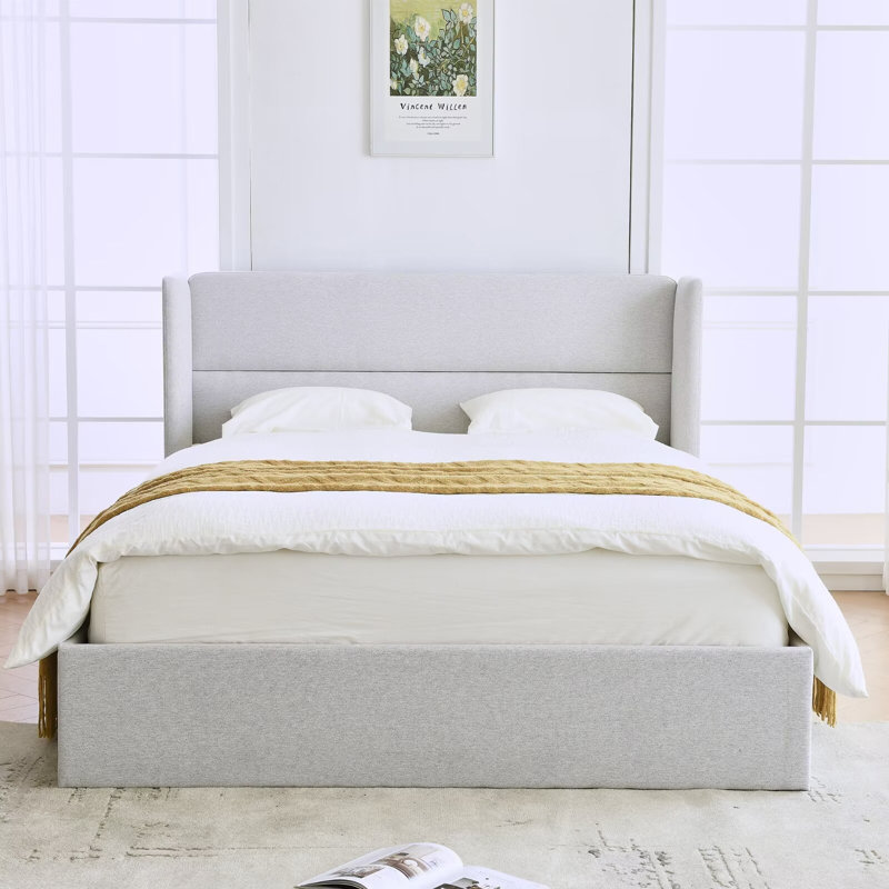Lit plateforme tapissier avec rangement Gaillarde, Double, Blanc grisâtre