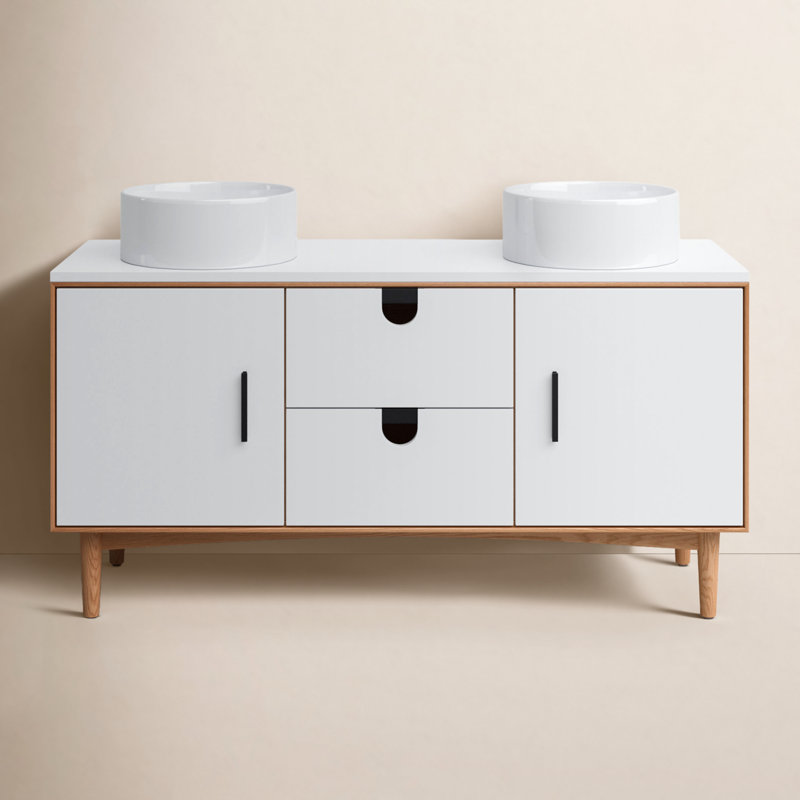 Antonina 60'' Natural Veneer Plywood Double Bathroom Vanity with Engineered Quartz Top, Matte White
