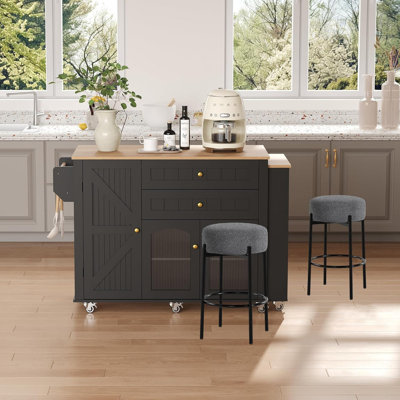 78.3" Rolling Kitchen Island with 2 Stools – Extendable Table, Cabinet, Drawers, Shelves, White Mobile Cart