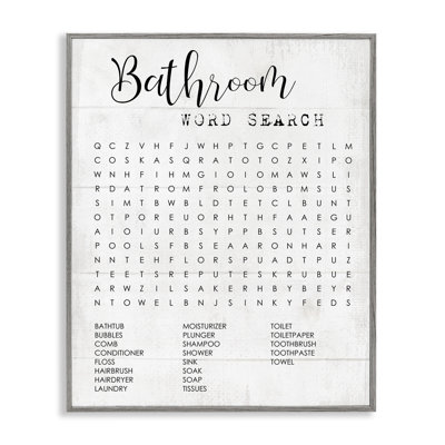 Salle de bain, recherche de mots amusante, conception de mots familiaux gris, surdimensionnée, encadrée, estampe numérique, art texturé par Daphne Polselli