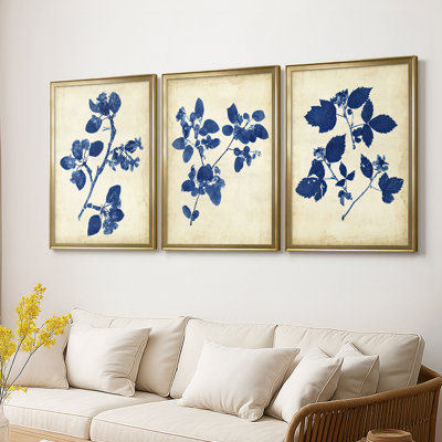 Indigo Leaf Study IV - Toile tendue avec châssis sur mesure - 3 pièces