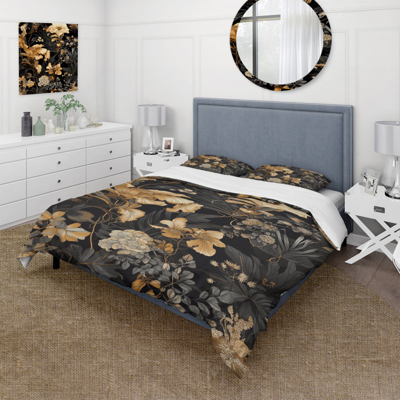 Ensemble de housse de couette feuilles or tropicales Serenade I - feuilles - microfibre de polyester