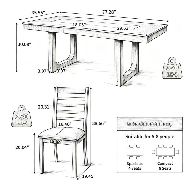 Ensemble de salle à manger extensible de style campagnard | Table en bois de 78 po avec rallonge de 18 po et 4 chaises rembourrées, 5 pièces
