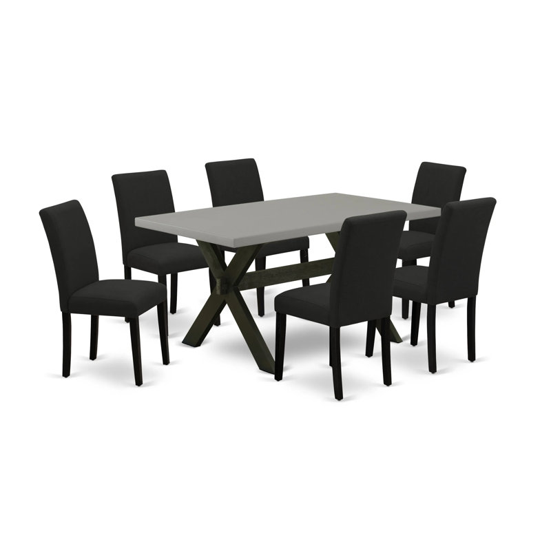 7 Piece Dining Set Consist of a Rectangle Dining Room Table with X-Legs and 6 Black Color Linen Fabric Upholstered Chairs, Wire Brushed Black Finish