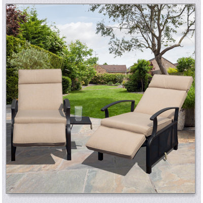 Adjustable Patio Recliner Chair Metal Outdoor Lounge Chair with Flip Table Push Back