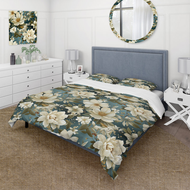 White Green Elegance Botanical Pattern I Polyester Floral Duvet Cover Set, King Duvet Cover + 2 King Shams