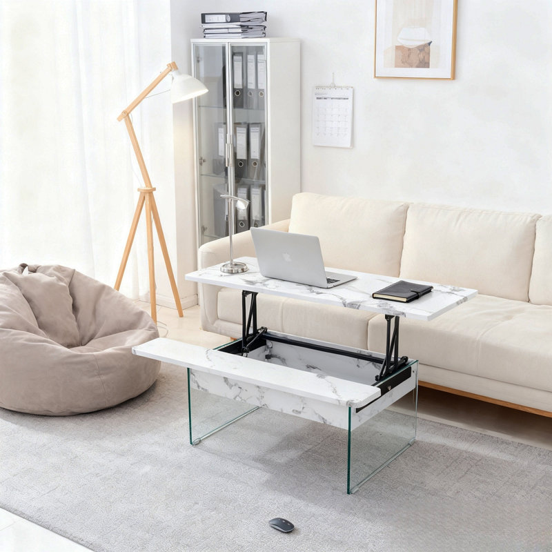Table basse relevable avec rangement, pieds robustes en verre trempé, conception compacte pour le salon et le bureau, Blanc
