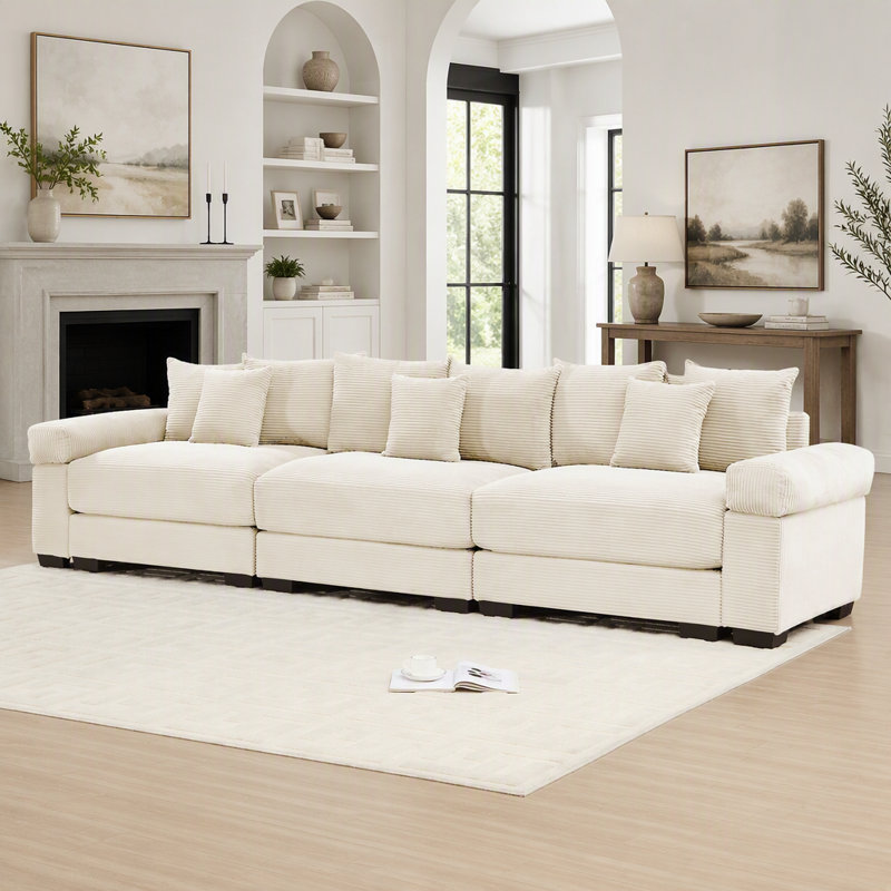 Canapé d'angle modulaire surdimensionné Cloud de 330 cm (130 pouces), canapé 3 places en velours côtelé haut de gamme avec accoudoirs extra-épais et design ergonomique, montage facile pour salons et bureaux, couleur crème