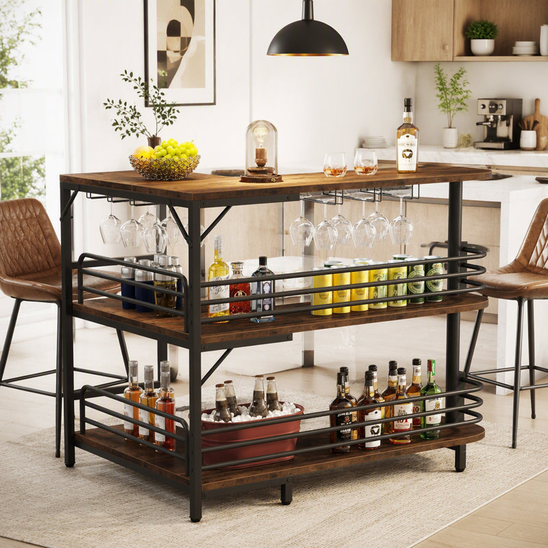Table de bar en forme de L avec porte-verres à vin