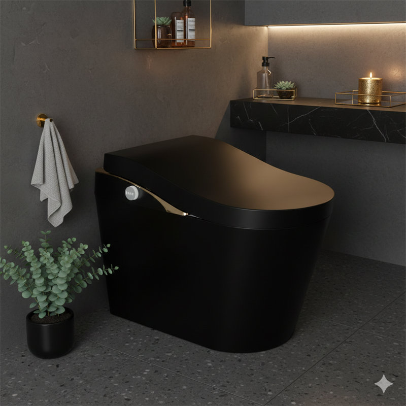 Modern tankless smart toilet with integrated bidet, featuring automatic flushing, automated lid opening/closing, heated seat, warm water washing and drying, and a foam shield function, in matte black and white.