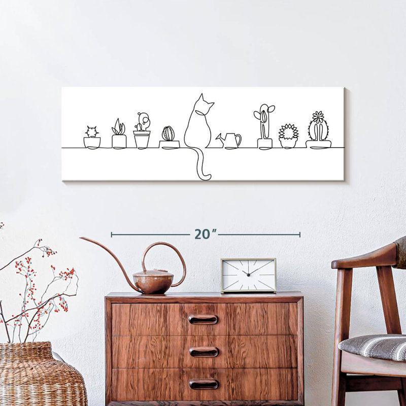 Chat et cactus - reproduction sur toile tendue, H 10 po x l 30 po x P 1,25 po